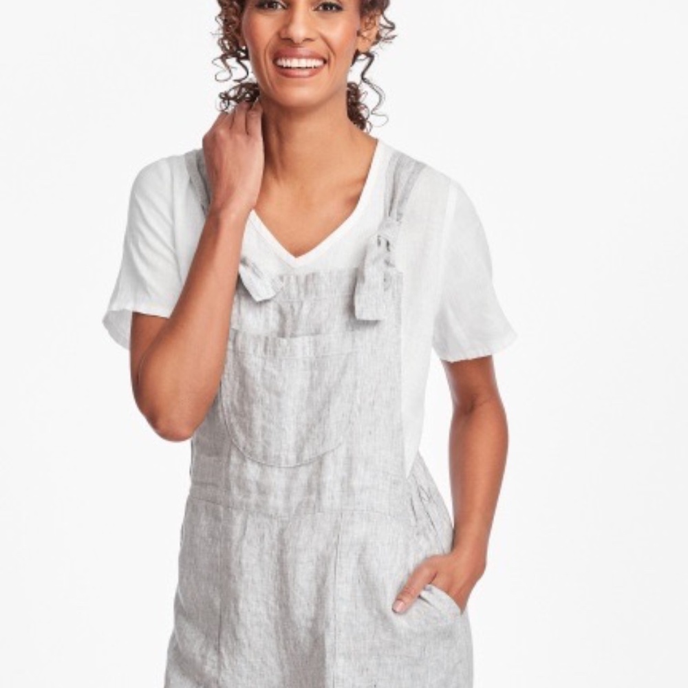 Flax Linen Grey/White Striped Overalls Button/Tie Cropped Overalls Sz S